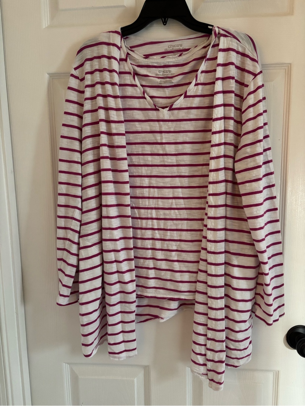Chico's Set of Cardigan & and Matching Camisole-White with Magenta Stripes, XL
